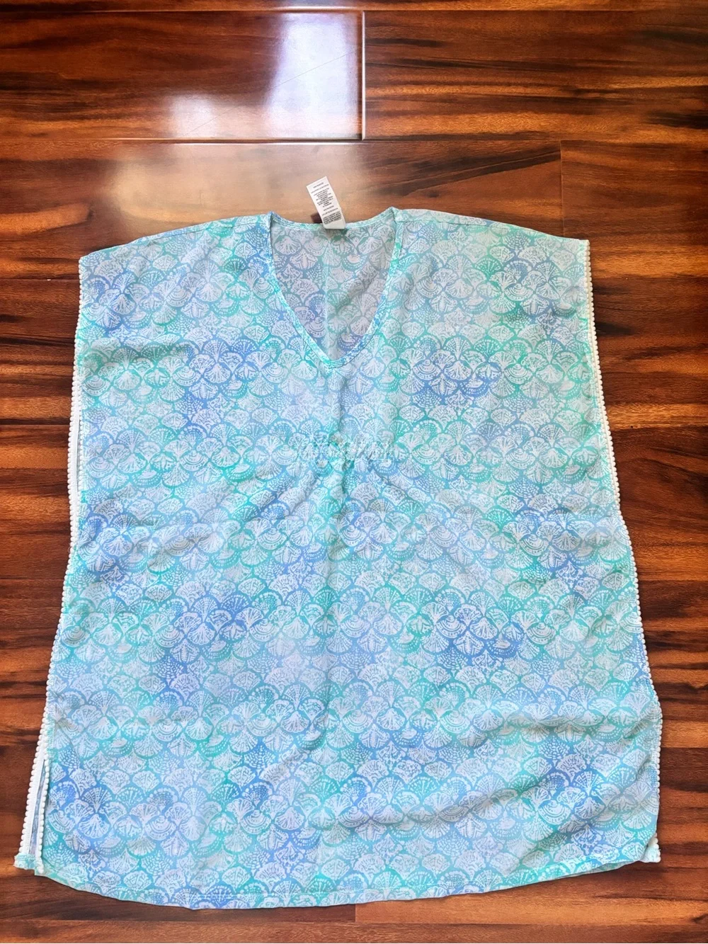 Girls White Crochet and Blue-Green Seashell Print Cover-Up